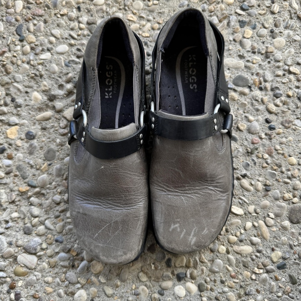 Klogs Footwear Shoes Womens Size 8.5 Gray Leather Clog Mule Black Harness Strap‎ - Picture 2 of 12